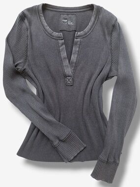 Aerie Fireside Ribbed Long Sleeve Top Gray Split Neck Henley Fitted Size XL